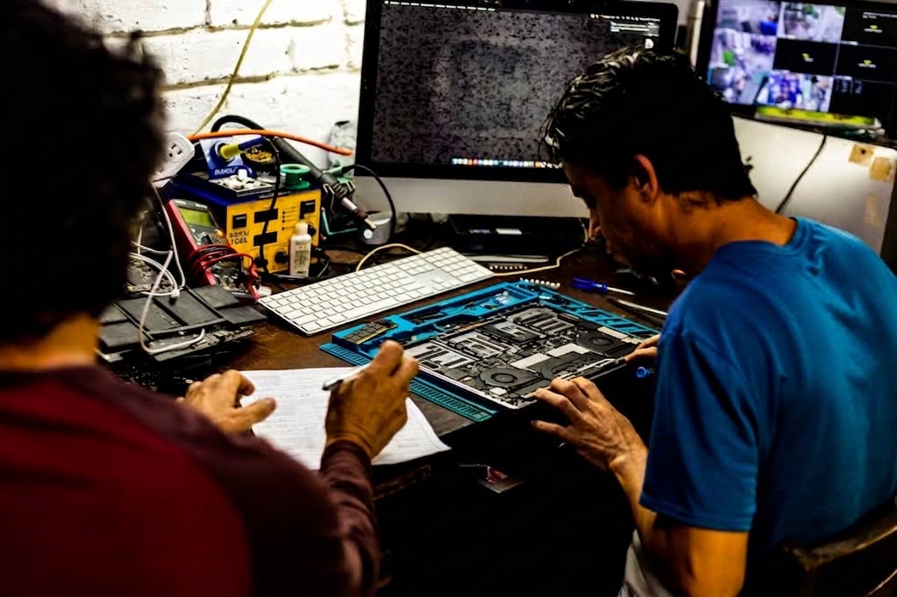 Técnico realizando manutenção em circuitos eletrônicos e hardware